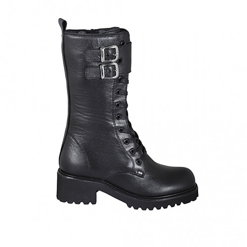 Woman's laced ankle boot with zipper and buckles in black leather heel 5 - Available sizes:  32, 34, 42, 43, 45