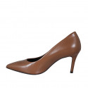 Zapato de salon puntiagudo para mujer en piel cognac tacon 7 - Tallas disponibles:  32, 33, 42