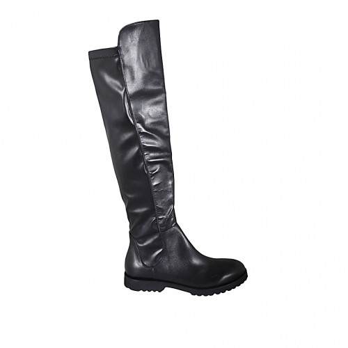 Woman's knee-high boot in black elastic material and leather with half zipper heel 3 - Available sizes:  44, 45, 47
