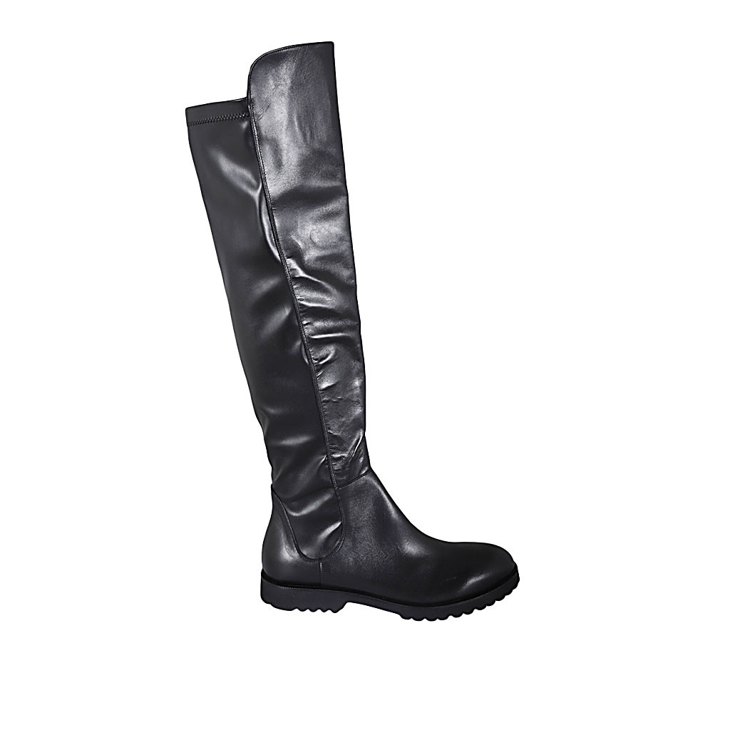 Stivale al ginocchio da donna in pelle ed elasticizzato nero con