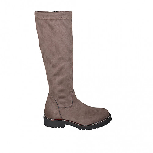 Woman's boot with zipper in taupe suede and elastic material heel 3 - Available sizes:  32, 33, 34