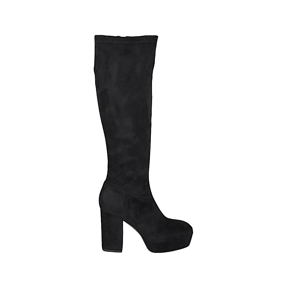 Woman's boot in black suede and elastic material with platform and