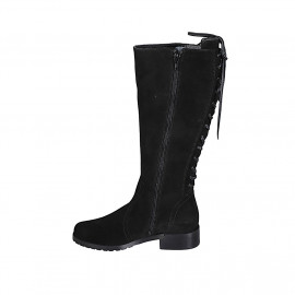 Woman's boot with zipper and backside laces in black suede heel 3 - Available sizes:  32 2