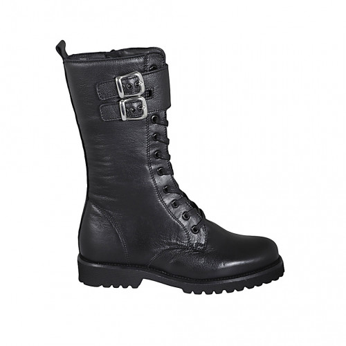 Bota para mujer con cordones, hebillas y cremallera en piel negra tacon 3 - Tallas disponibles:  32