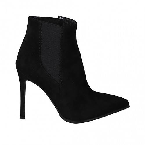 Woman's pointy ankle boot with elastic bands in black suede heel 10 - Available sizes:  32, 34, 42, 43, 46