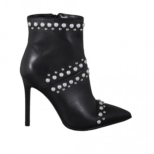 Bottine à bout pointu et droit pour femmes avec fermeture éclair, perles et goujons en cuir noir talon 10 - Pointures disponibles:  32, 33, 34, 43, 44