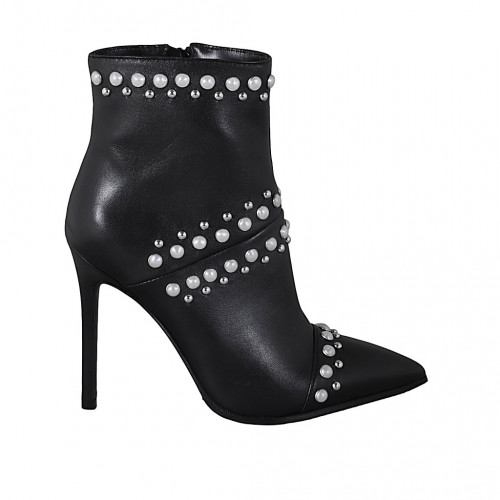 Woman's pointy ankle boot with zipper, captoe, pearls and studs in black leather heel 10 - Available sizes:  32, 33, 34, 43, 44, 46, 47