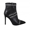 Woman's pointy ankle boot with zipper, captoe, pearls and studs in black leather heel 10 - Available sizes:  32, 33, 34, 43, 44, 47