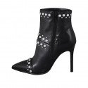 Woman's pointy ankle boot with zipper, captoe, pearls and studs in black leather heel 10 - Available sizes:  32, 33, 34, 43, 44, 46, 47