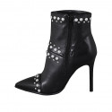 Woman's pointy ankle boot with zipper, captoe, pearls and studs in black leather heel 10 - Available sizes:  32, 33, 34, 43, 44, 47