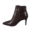 Woman's pointy ankle boot with zipper and elastic band in brown leather heel7 - Available sizes:  32, 34, 43, 45, 46