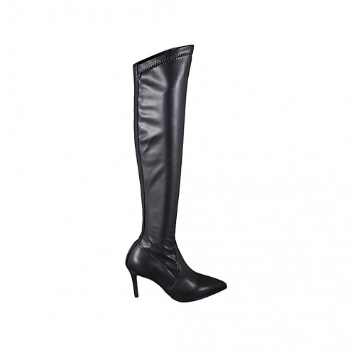 Woman's over-the-knee pointy boot in black leather and elastic material heel 7 - Available sizes:  33, 34, 42, 44, 46