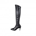 Woman's over-the-knee pointy boot in black leather and elastic material heel 7 - Available sizes:  33, 34, 42, 44, 46