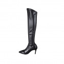 Woman's over-the-knee pointy boot in black leather and elastic material heel 7 - Available sizes:  33, 42