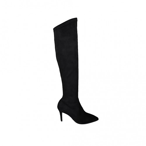 Bottes à bout pointu au-dessus de genou pour femmes en daim et materiau elastique noir talon 7 - Pointures disponibles:  33, 34, 42, 43, 44