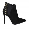 Woman's pointy ankle boot with elastic bands and studs in black suede heel 10 - Available sizes:  32, 33, 34, 42, 43