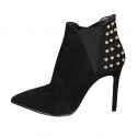 Woman's pointy ankle boot with elastic bands and studs in black suede heel 10 - Available sizes:  32, 33, 34, 42, 43