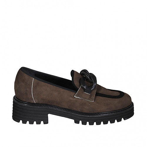 Mocassin pour femmes avec chaîne en daim marron et noir talon 4 - Pointures disponibles:  44, 45
