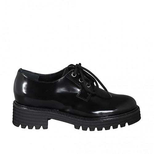 Chaussure derby à lacets pour femmes en cuir verni noir talon 4 - Pointures disponibles:  45