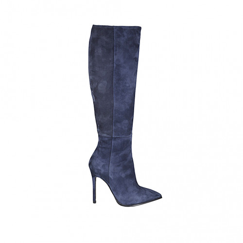 Bottes à bout pointu pour femmes en daim bleu avec fermeture éclair talon 10 - Pointures disponibles:  42