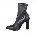 Woman's pointy ankle boot in black leather and elastic material block heel 10 - Available sizes:  34, 43, 44
