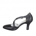 Dancing shoes with crossed strap in black leather heel 8 - Available sizes:  32, 33, 34, 43, 44