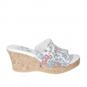 Woman's platform mules in multicolored printed white leather wedge heel 7 - Available sizes:  32, 33, 34, 42, 45