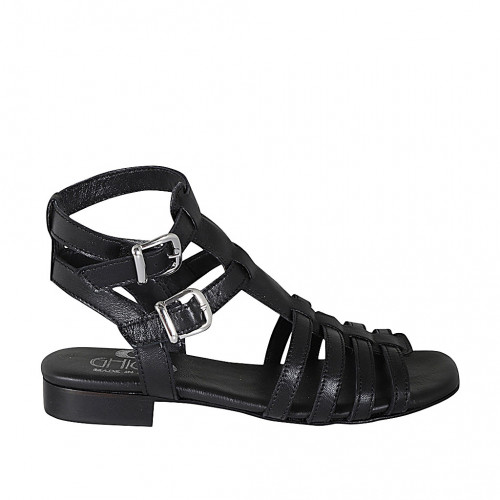 Sandalo da donna in pelle nera con cinturini tacco 2 - Misure disponibili: 32, 33, 42, 43, 44, 45