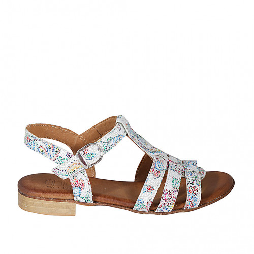Woman's strap sandal in white multicolored mosaic printed leather heel 2 - Available sizes:  32, 33, 42, 43, 44, 45