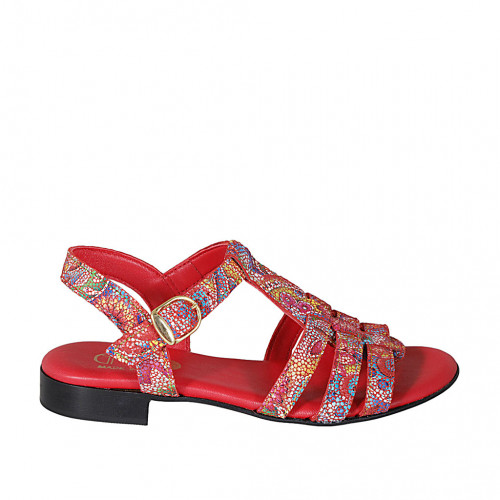 Sandalo da donna con cinturino in pelle rossa stampata mosaico multicolor tacco 2 - Misure disponibili: 32, 33, 34, 43, 44, 45