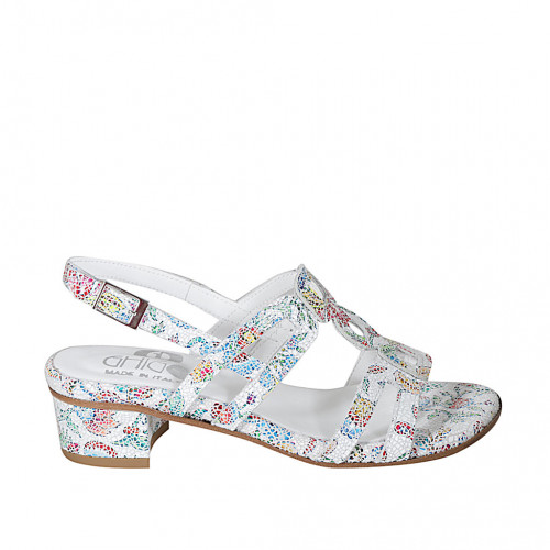 Sandalo da donna in pelle bianca stampata mosaico multicolor tacco 4 - Misure disponibili: 32, 33, 34, 43, 44, 45