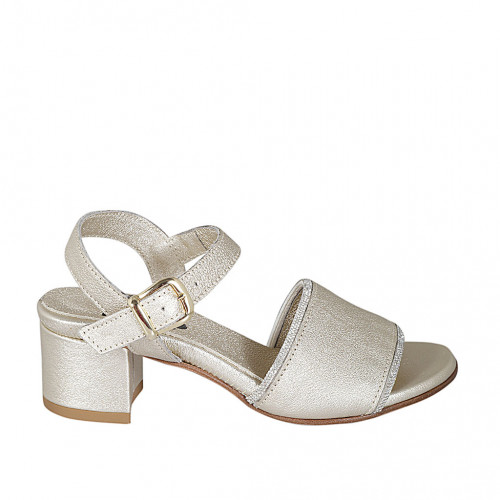 Woman's sandal with strap and rhinestones in platinum laminated leather heel 5 - Available sizes:  33, 34, 42, 44