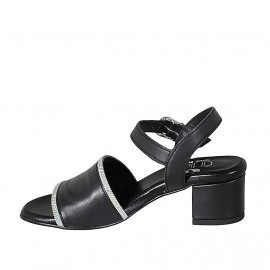 Woman's sandal in black leather with strap and rhinestones heel 5 - Available sizes:  44 2