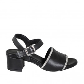 Sandale pour femmes en cuir noir avec courroie et strass talon 5 - Pointures disponibles: 43, 44, 45