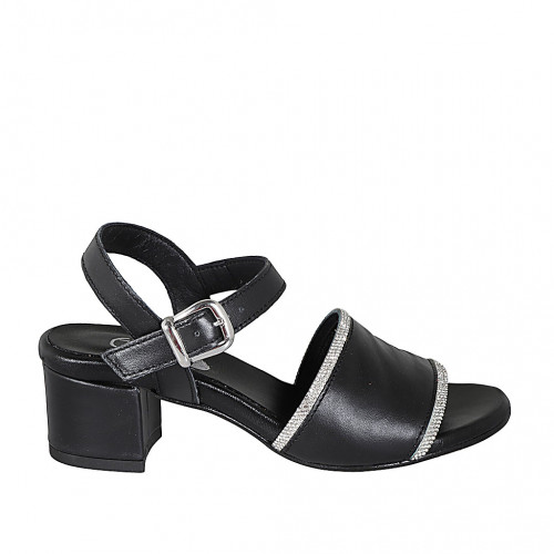 Woman's sandal in black leather with strap and rhinestones heel 5 - Available sizes:  32, 33, 34, 43, 44, 45