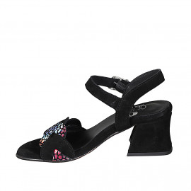 Woman's strap sandal in black and multicolored mosaic printed suede with platform and heel 6 - Available sizes:  42, 44 2