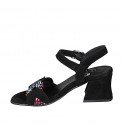 Woman's strap sandal in black and multicolored mosaic printed suede with platform and heel 6 - Available sizes:  32, 33, 42, 43, 44