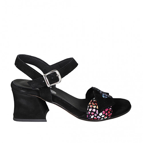 Woman's strap sandal in black and multicolored mosaic printed suede with platform and heel 6 - Available sizes:  32, 33, 42, 43, 44