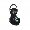 Sandalia para mujer en gamuza negra y imprimida multicolor mosaico con cinturon tacon 6 - Tallas disponibles:  32, 33, 42, 43, 44