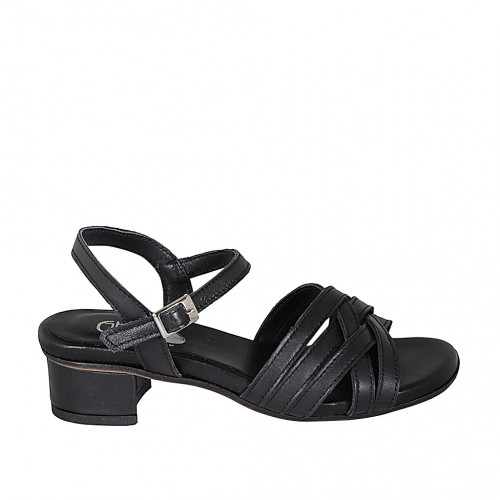 Woman's sandal with crossed straps in black leather heel 4 - Available sizes:  32, 33, 34, 42, 43, 44, 45