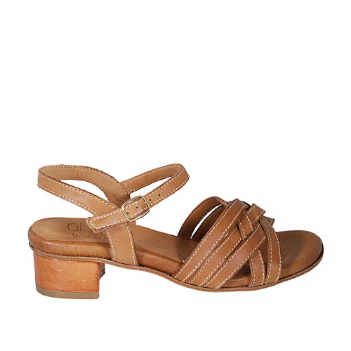 Sandalo da donna con listini incrociati e cinturino in pelle color cuoio tacco 4 - Misure disponibili: 32, 44