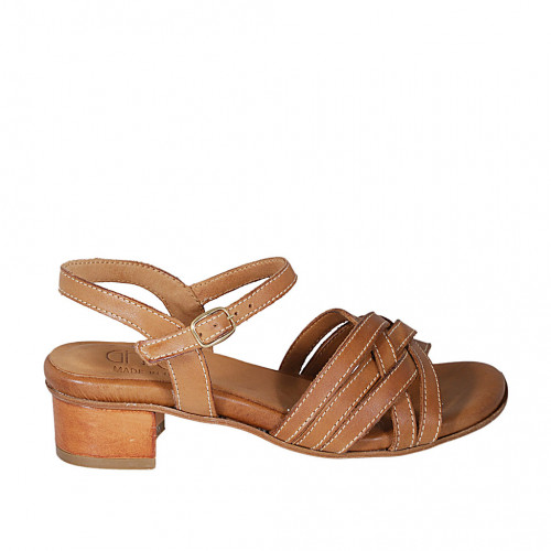 Woman's sandal with crossed straps in cognac brown leather heel 4 - Available sizes:  32, 33, 42, 43, 44, 45