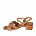 Sandalo da donna con listini incrociati e cinturino in pelle color cuoio tacco 4 - Misure disponibili: 32, 44