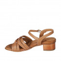 Woman's sandal with crossed straps in cognac brown leather heel 4 - Available sizes:  32, 33, 42, 43, 44, 45