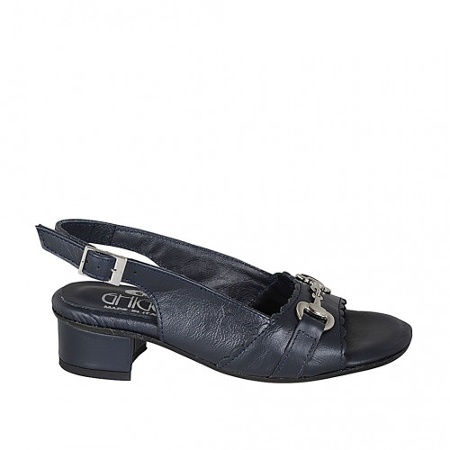 Woman's sandal with accessory in blue leather heel 4 - Available sizes:  33, 34, 42, 44