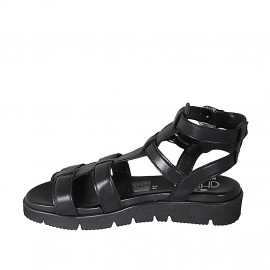 Woman's sandal with straps in black leather wedge heel 3 - Available sizes:  32 2