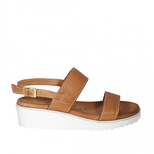 Woman's sandal in cognac brown leather wedge heel 4 - Available sizes:  32, 42, 43, 44, 45