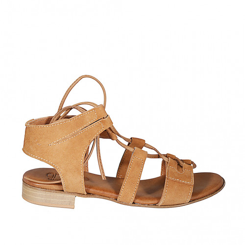 Sandale avec lacets pour femmes en daim cognac talon 2 - Pointures disponibles:  32, 33, 34