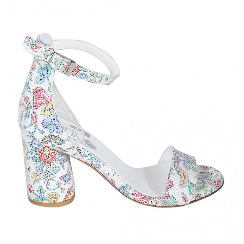 Woman's open shoe with strap in multicolor printed white leather heel 7 - Available sizes:  32, 33, 34