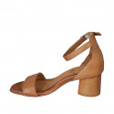 Woman's open shoe with strap in cognac brown leather heel 5 - Available sizes:  32, 33, 34, 44